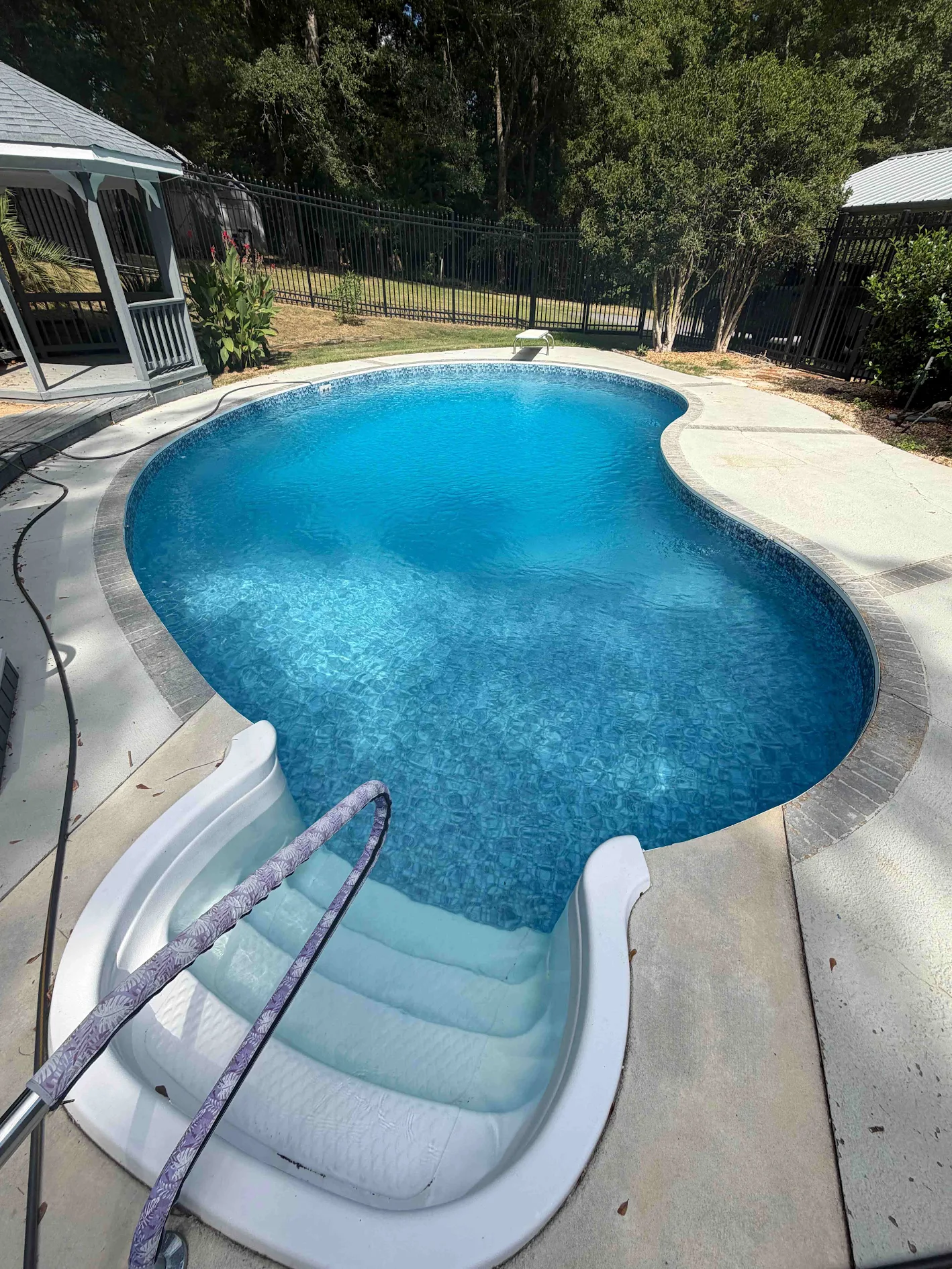 Freeform inground pool with clear blue water and clean steps