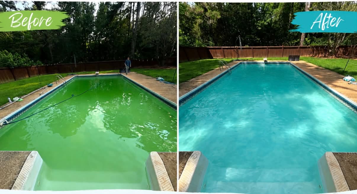 Before and after photo of a green pool restored to clear blue water