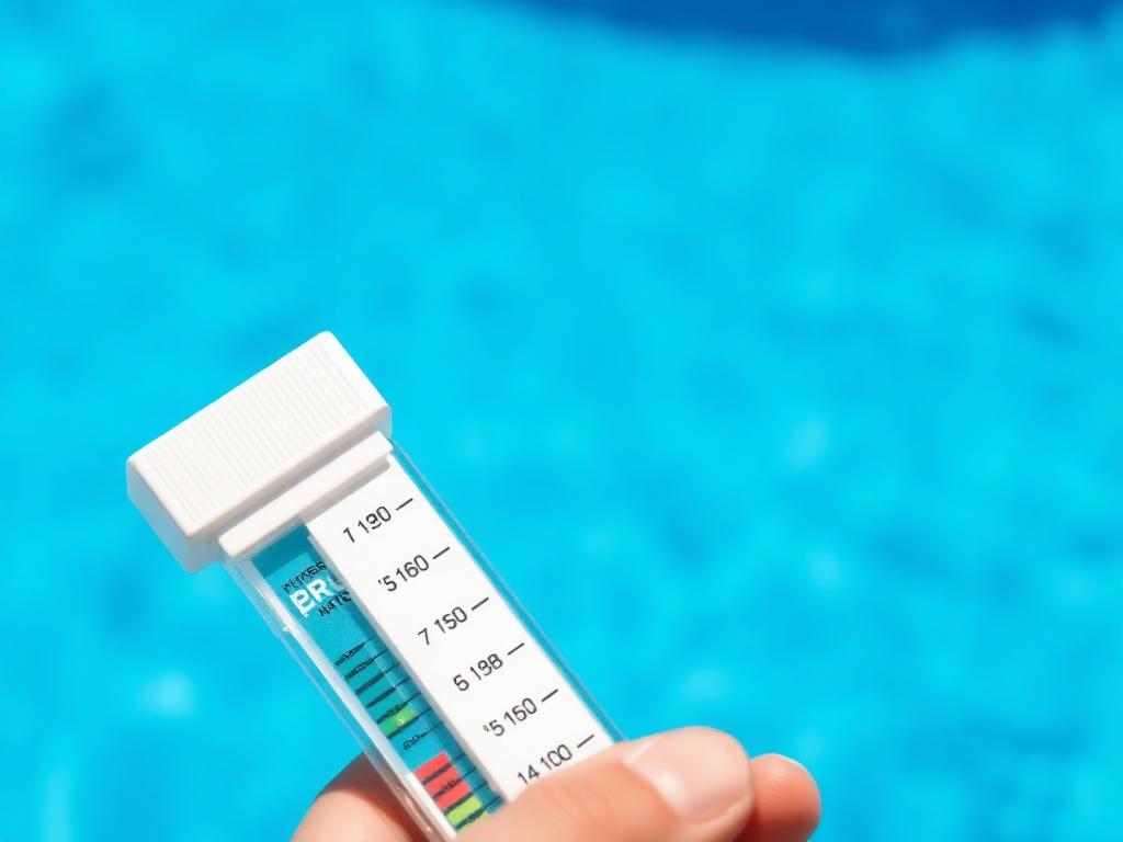 Pool water test strip being checked against clear blue pool water